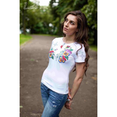 Embroidered t-shirt "Pansies on White" maxi embroidery